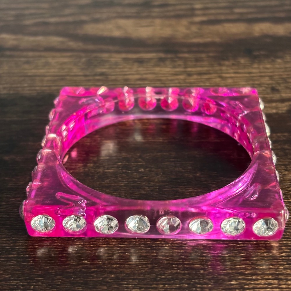 Pink Translucent Acrylic Square Bangle Bracelet Rhinestone Embellished Y2K 8in